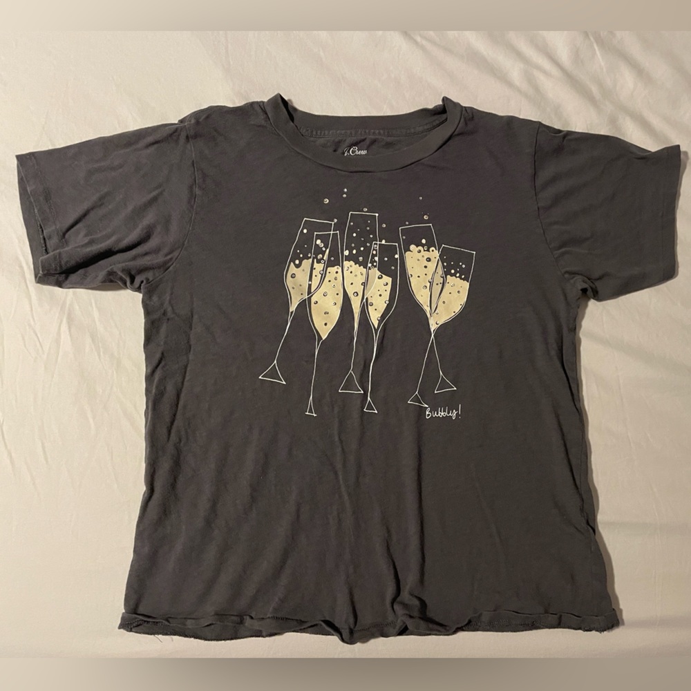 J crew grey tshirt with champagne glasses and rhinestones. pop the bubbly!